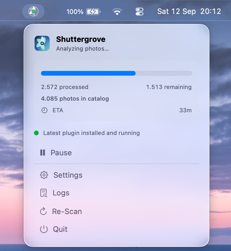 Accurate Shuttergrove menu-bar popover showing catalog analysis progress